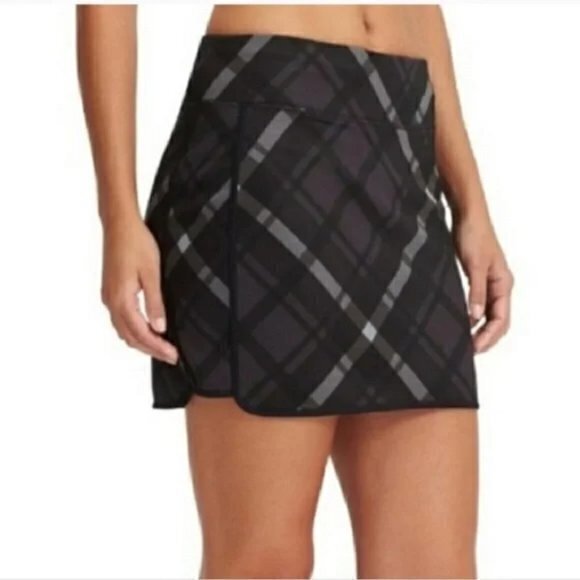 Athleta Wander Tech Stretchy Plaid Mini Skirt Large Tall Black/Gray - Picture 1 of 16